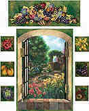 The Abundance mural depicts an aged stucco window based with stones overlooking a tranquil courtyard with a fountain in the center.  Flowering and fruiting trees are lush and create a shady respite.  Additionally, a colorful swag adorns the top and six flowers and fruits are used as accents.